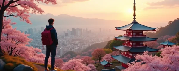 Scène symbolique représentant un voyageur contemplant un paysage japonais emblématique, combinant temple traditionnel, cerisiers en fleurs et silhouette urbaine moderne.