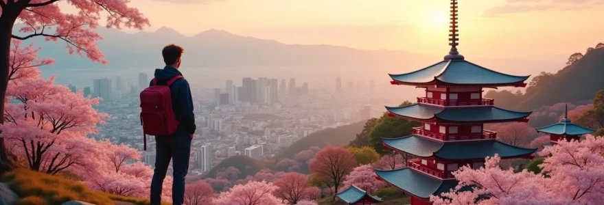 Scène symbolique représentant un voyageur contemplant un paysage japonais emblématique, combinant temple traditionnel, cerisiers en fleurs et silhouette urbaine moderne.